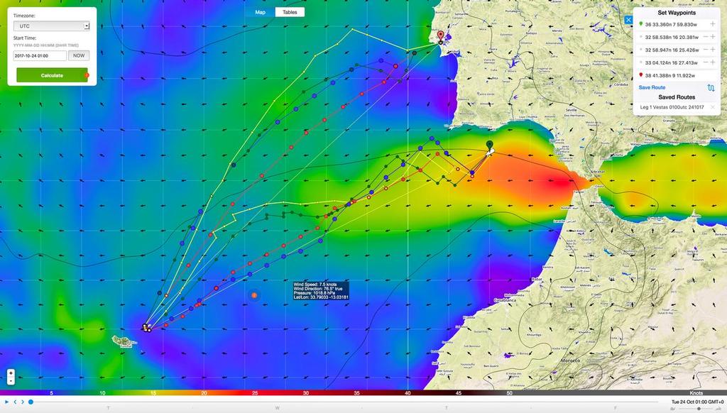 Team AkzoNobel optimised course from Predictwind based on positions at 0100UTC on October 24, 2017. The yellow course is the optimsed ECMWF feed from Predictwind. It does show the Dutch flagged entry sailing well to the west (a standard strategy once boats exit Gibraltar) but is the second shortest distance predicted for the seven boat fleet. © PredictWind http://www.predictwind.com